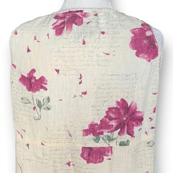 Vintage 90s Maxi Dress Cream Linen Purple Floral Script Print Sleeveless Lace - Picture 8 of 14